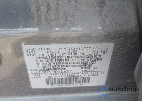 2024 Nissan Versa 1.6 Sr из США, поврежденный, VIN 3N1CN8FV6RL816181